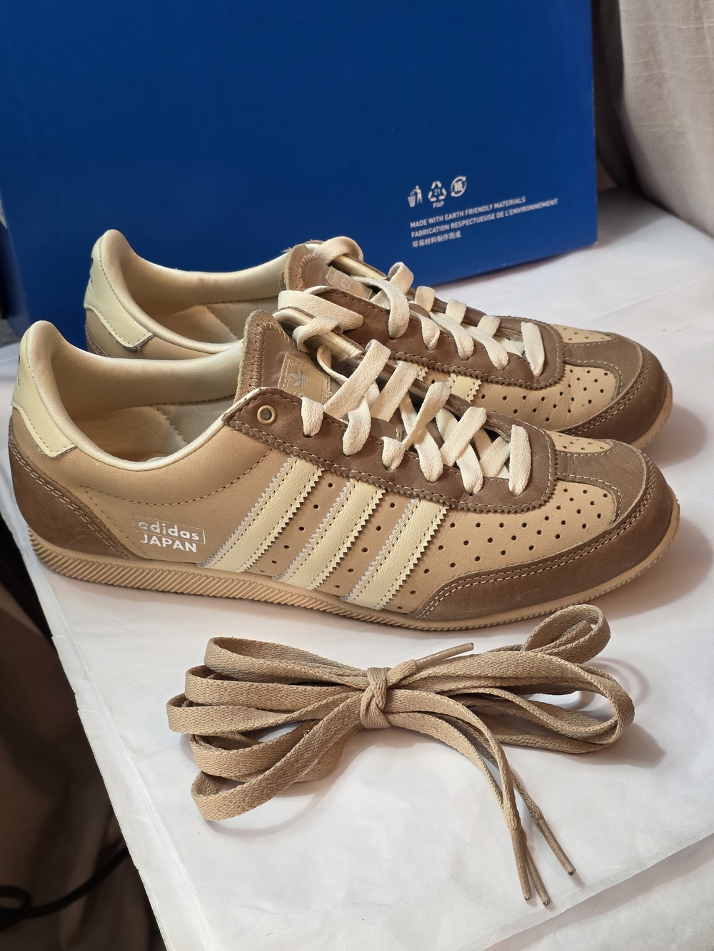 adidas Japan Women's Beige Tan and Metallic Silver Leather Sneakers